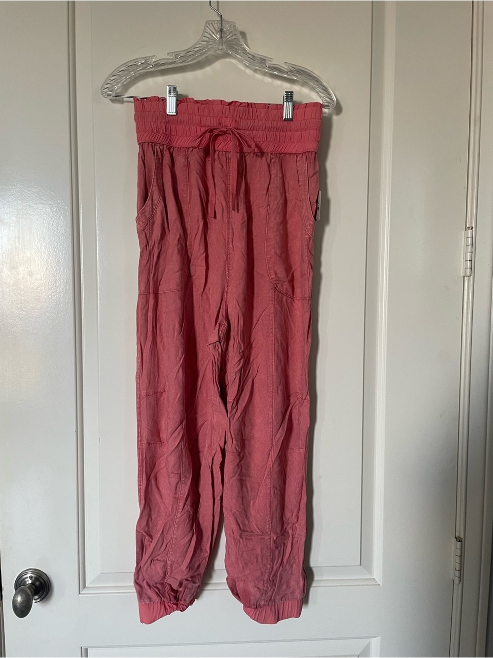 Free People Coral Pink Smocked-Waist Track Pants